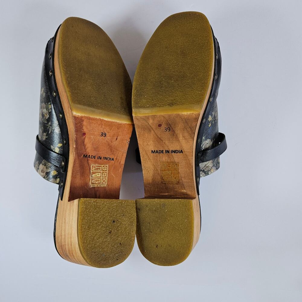 Free People Calabasas Clogs Womens EU 39 Black Floral Leather Wood Heel - Picture 7 of 11